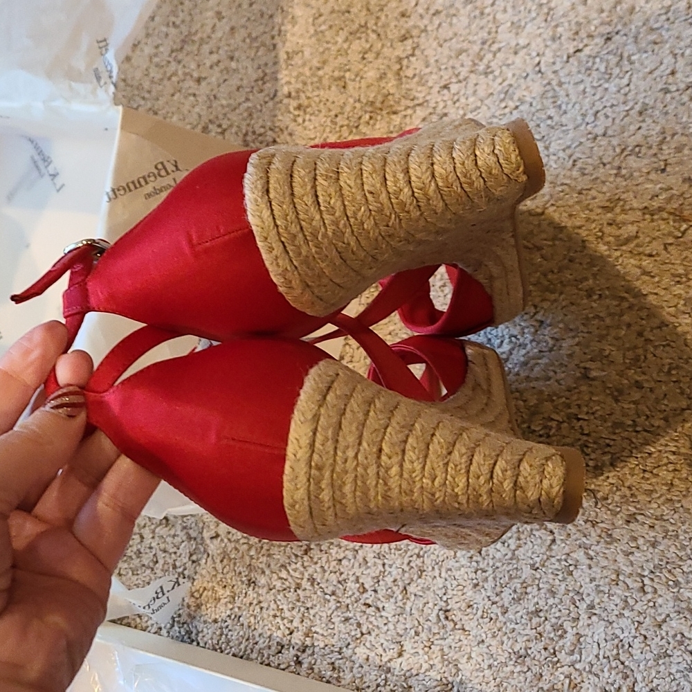 L.K. Bennett Angeline Red Satin Wedge Espadrilles - Picture 6 of 16